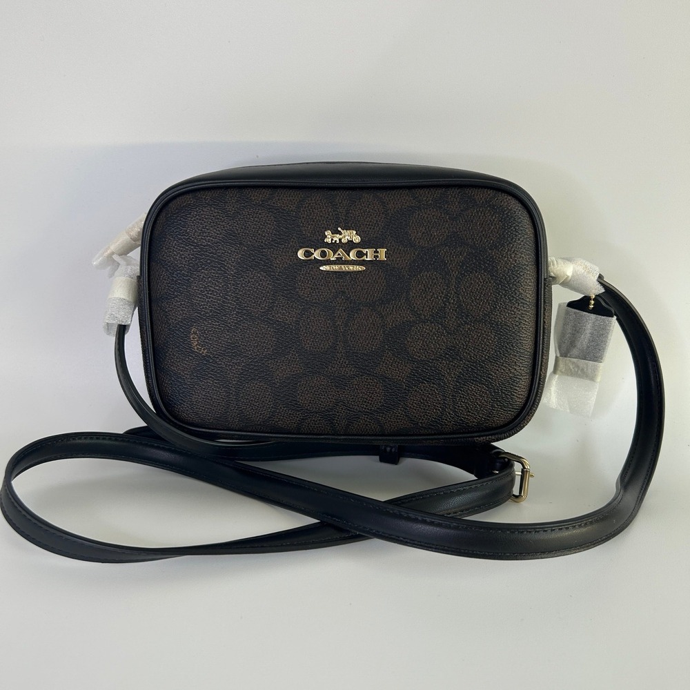 Coach Mini Jamie‎ Walnut Black Signature Canvas Camera Bag NEW